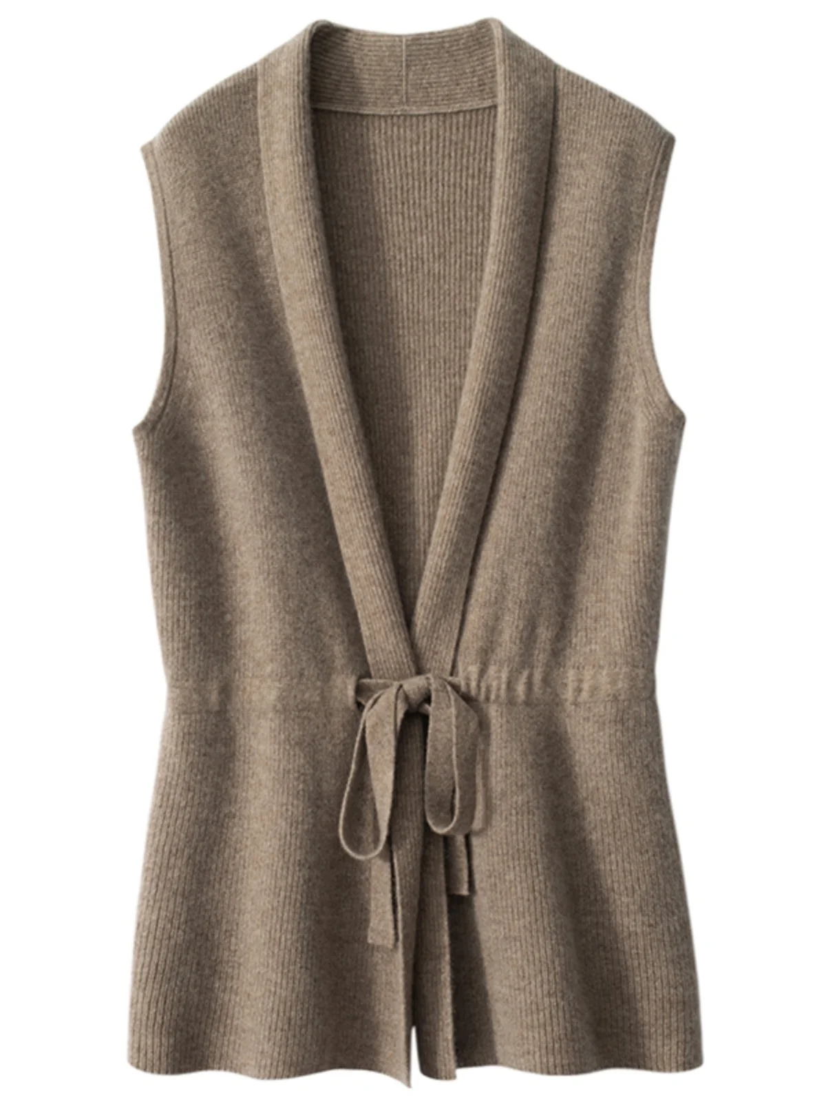 Autumn Winter Pure Color V-Neck Belted Midi Vest Knitted Outerwear for Women Commute Style Other Fabric 100% No Button