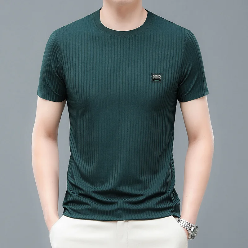 Fashion Casual Men Knitted T-shirt Streetwear Male Clothes Tees Summer New Breathable Short Sleeve Loose Basic Bottoming Tops