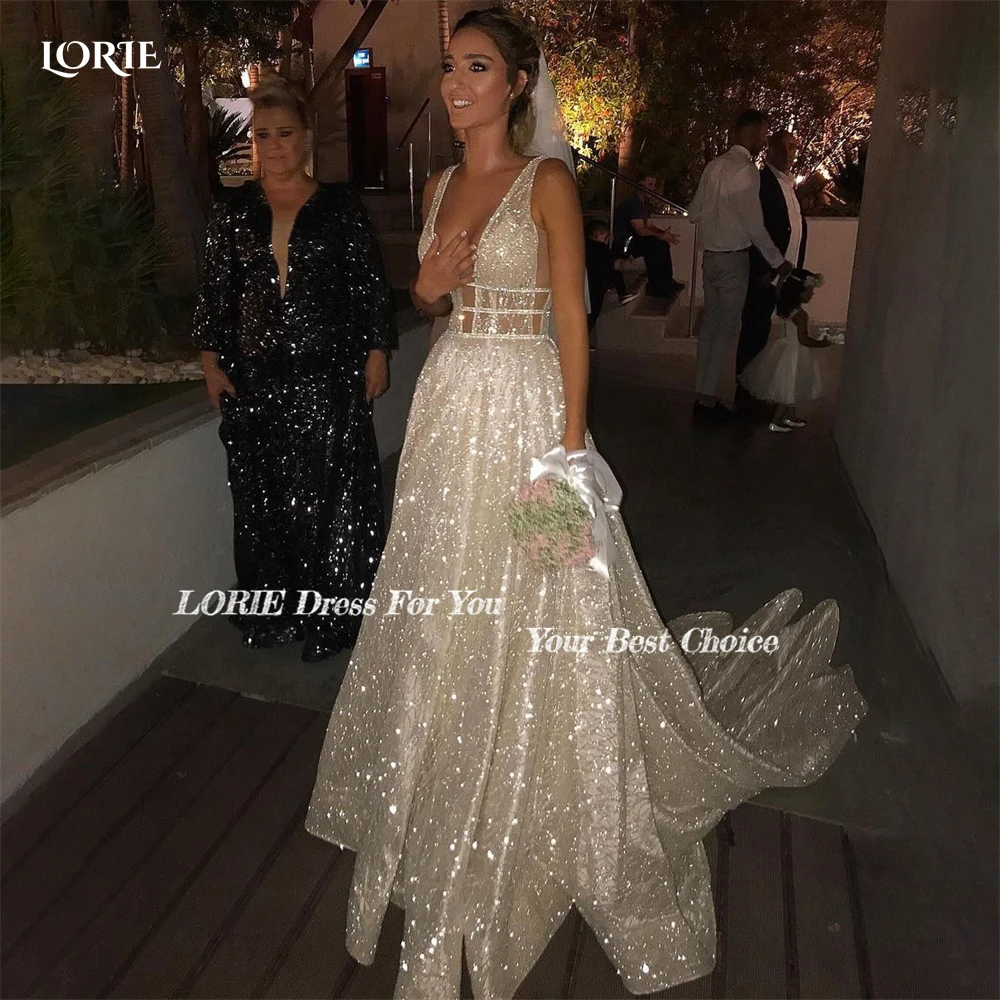 LORIE Spark Bohemia Wedding Dresses Low-Cut V-Cổ Long Lanh Không Tay Bridal Gowns Shiny A-Line Cô Dâu Ăn Mặc Vestidos De Novia