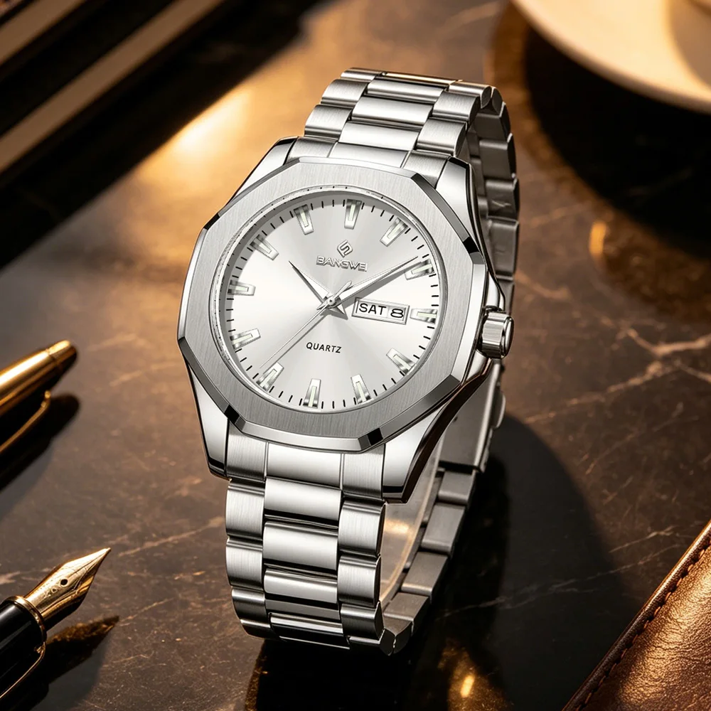 

BANGWEI Casual Men Wristwatch Waterproof Luminous Week Date Man Watch Stainless Steel Fashion Sport Quartz Men's Watches+Box