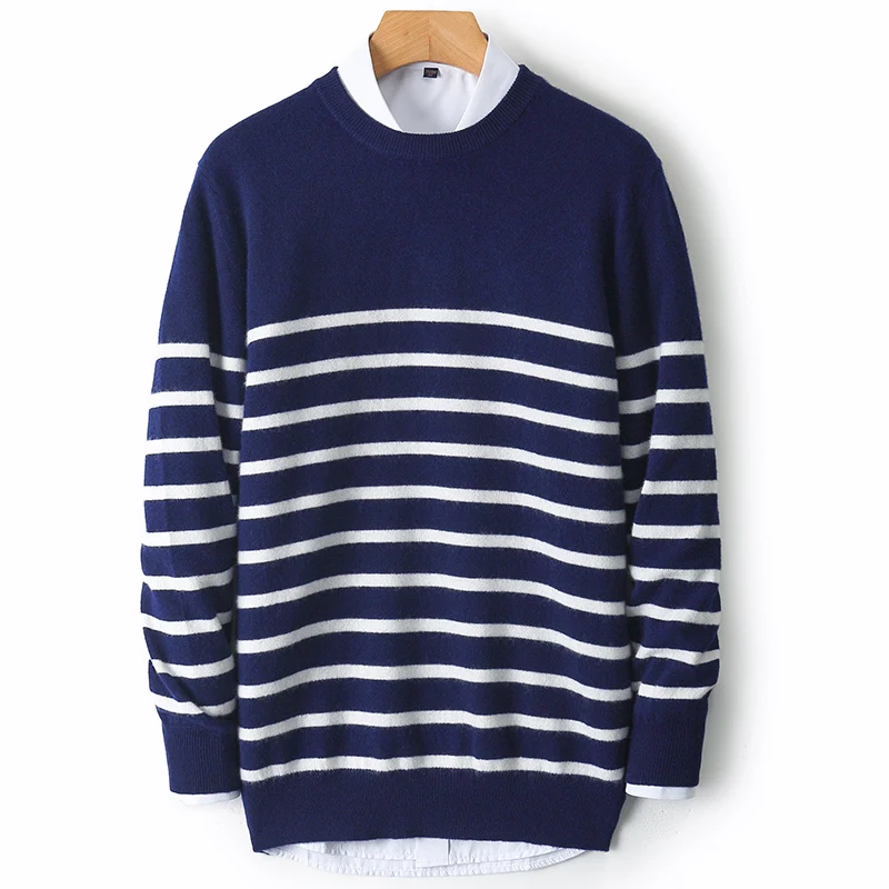 Men's New 100% Pure Wool Sweater O-neck Navy Style Striped Pullover Autumn Winter Loose Youth Business Casual Cashmere Top