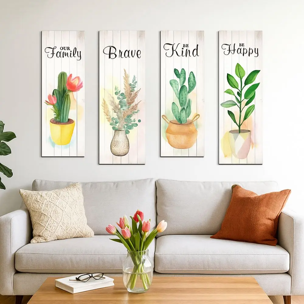 

4pcs Wooden Cactus Plants Hanging Sign Handmade Wall-mounting Floral Wall Plate Vintage Wall Decorative Panel Home Living
