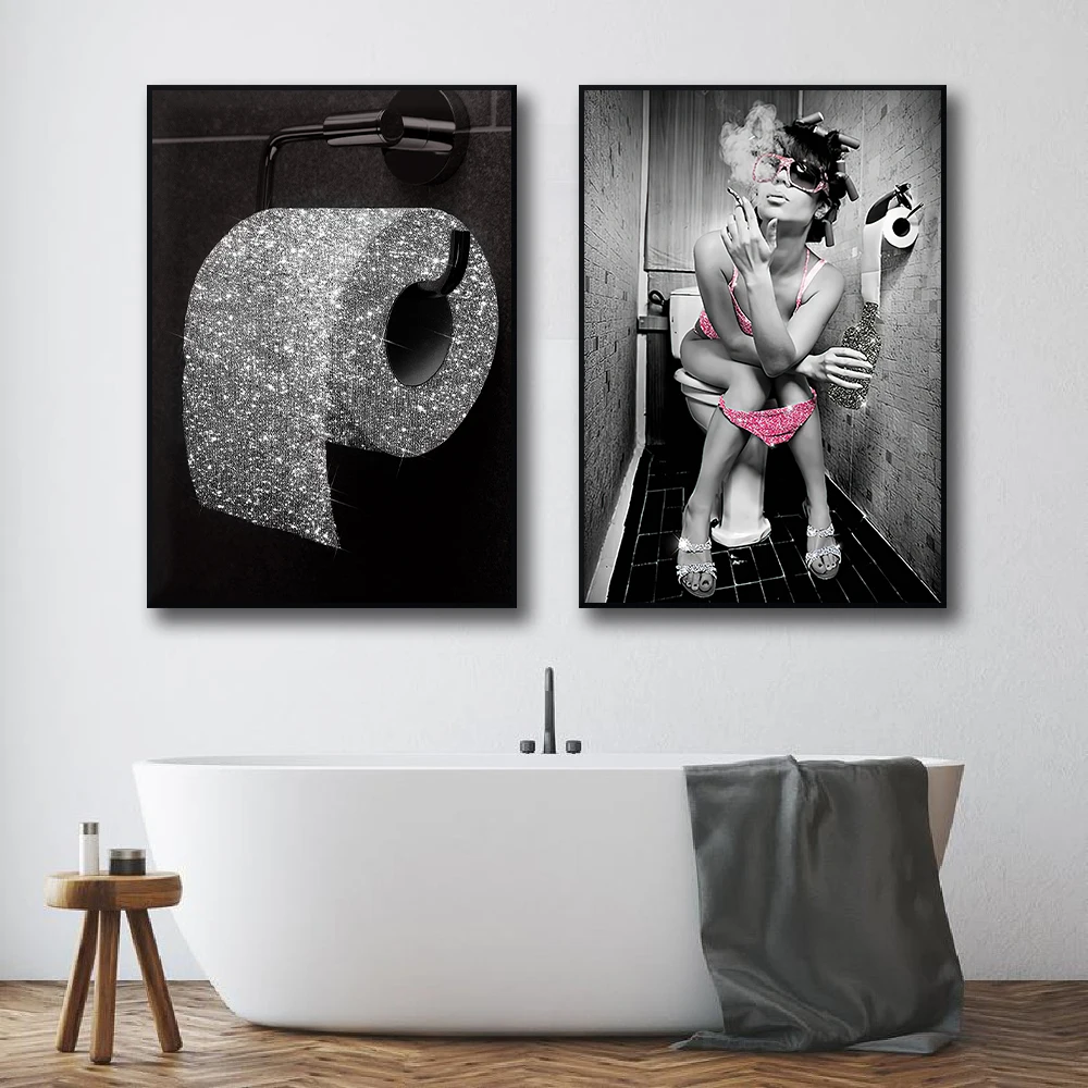 مثير امرأة قماش اللوحة الوردي المشاغب فتاة التدخين والشرب المشارك والمطبوعات صور فنية للجدران لشريط المرحاض ديكور