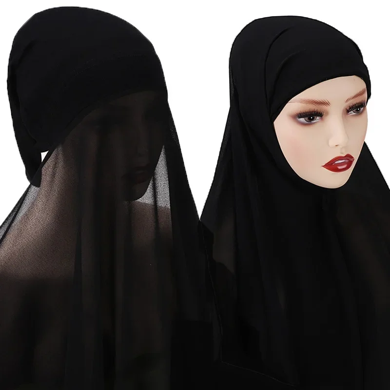 Instant Hijab with Cap Heavy Chiffon Jersey Hijab for Women Veil Muslim Fashion Islam Hijab Cap Scarf for Muslim Women Headscarf