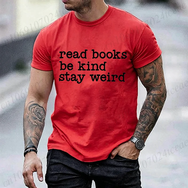 Buchliebhaber-Slogan Grafik Herren T-Shirt „Lesen Sie Bücher, Seien Sie freundlich, Bleiben Sie seltsam“ Aufdruck Kurzarm O-Ausschnitt Lässige Lose Oberteile Damen T-Shirts – Detail 3