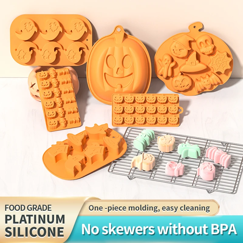 

Halloween Silicone Baking Molds Set Chocolate Cookie Ice Cube Shapes including Pumpkin Bat Skull Ghost - Kitchen Baking Tool