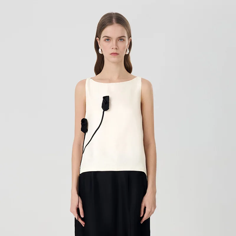 2026 New 100% Mulberry Silk Sleeveless Tank Top Women Boat Neck 3D Black Rose Applique Ivory Satin Camisole Elegant Office Tops