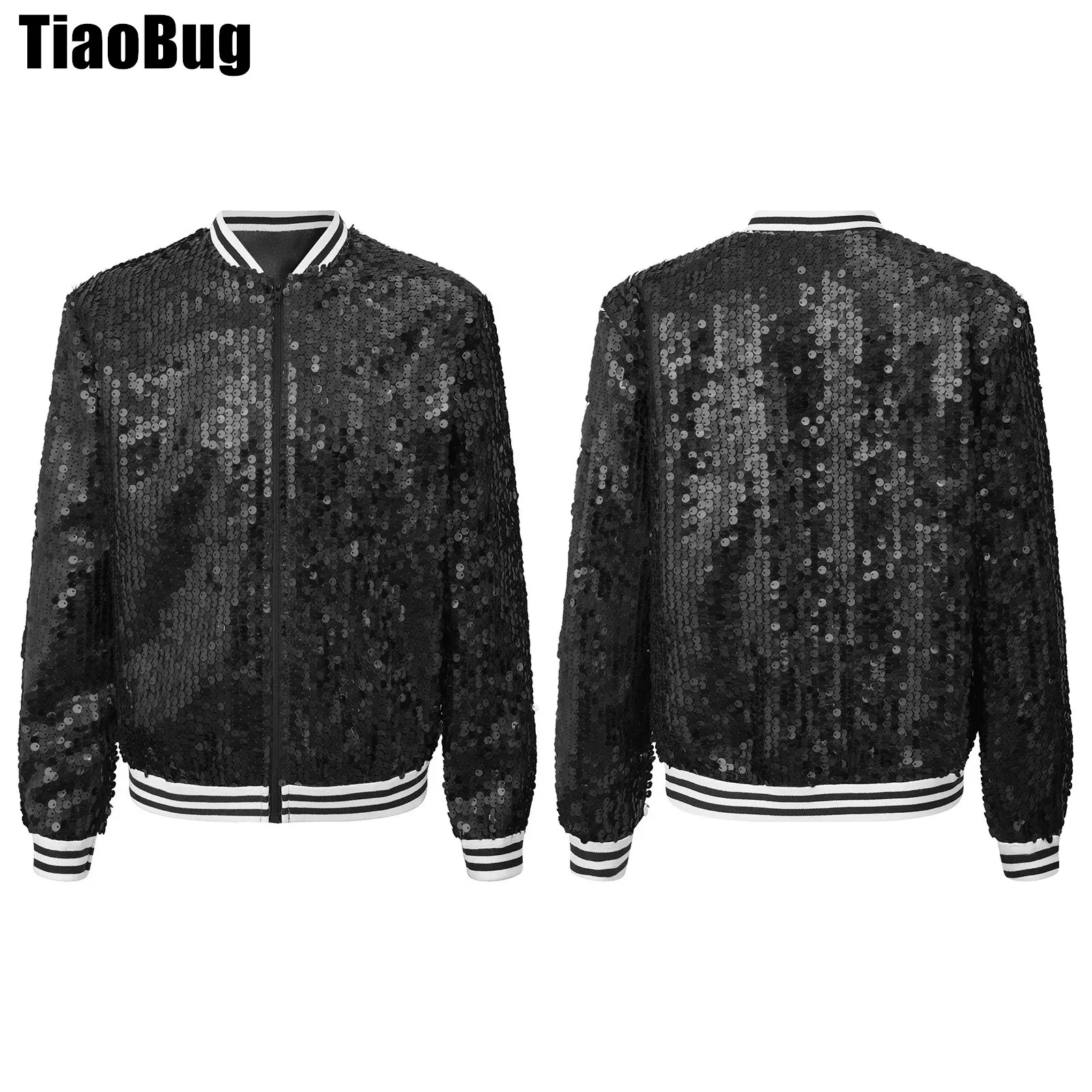 Kids Girls Sequin Dance Coat Baseball Jackets Sparkly Long Sleeve Front Zip Up Striped Trim Outerwear Party Bomber Jackets