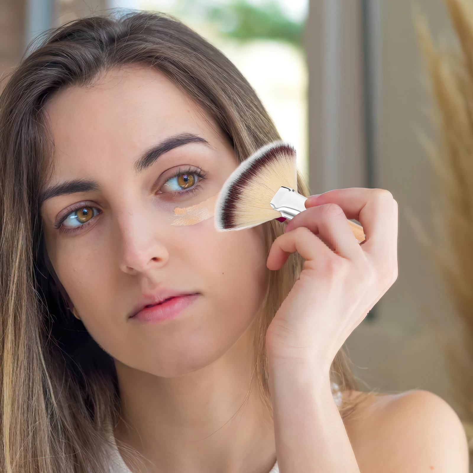 2 szt. Pędzle do makijażu w kształcie wachlarza, wysokiej jakości włosie nylonowe do pudru, podkładu, różu, do utrwalania makijażu, długi uchwyt, pędzel do twarzy, narzędzia do makijażu dla kobiet