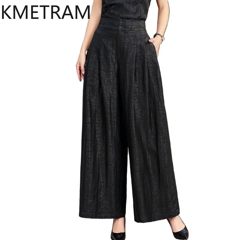 KMETRAM 100% Real Mulberry Silk Women Pants 2026 Spring Chinese Style High-waisted Long Wide-leg Pants Woman Clothing Ropa Mujer