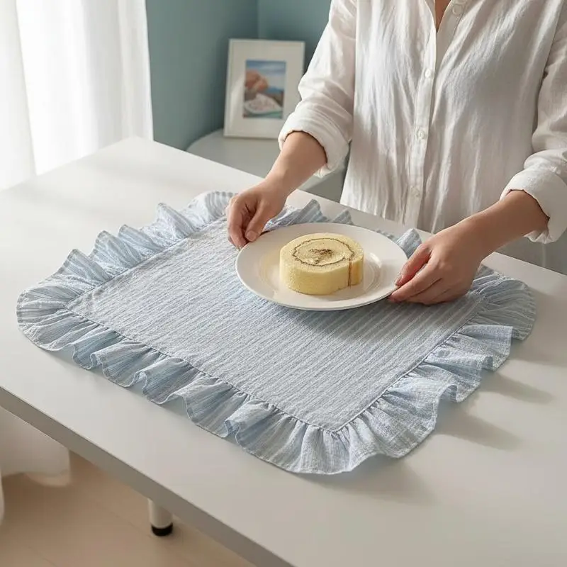 Decorative Ruffle Placemat Set Pink Blue Stripe Table Cover for Dining Room Cute Home Kitchen Daily Banquet Arrangements