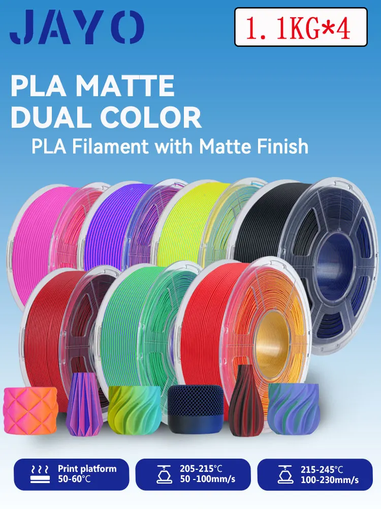 JAYO PLA Matte 3D-filament 1,75 mm 4 rollen / set Dual Color PLA Matter Effect 3D-printerfilament 2 in 1 kleur 3D-printmaterialen - afbeelding 2