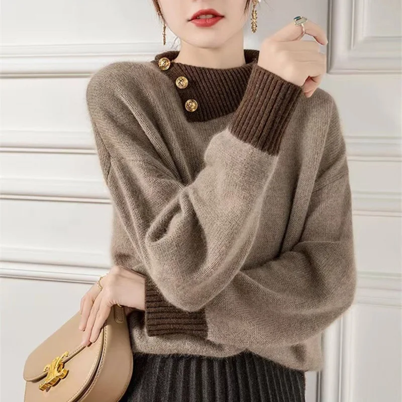 Casual And Chic Turtleneck Color Block Sweater, Loose Fit With Soft And Warm Cashmere Long Sleeve Pullover Top