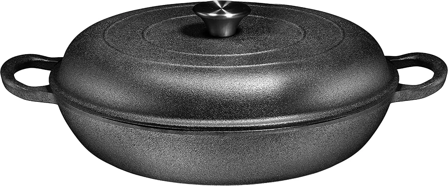 Heavy Duty Pre-Seasoned Cast Iron Casserole Braiser-Pan With Cover Oven Safe Black Cookware for Versatile Cooking