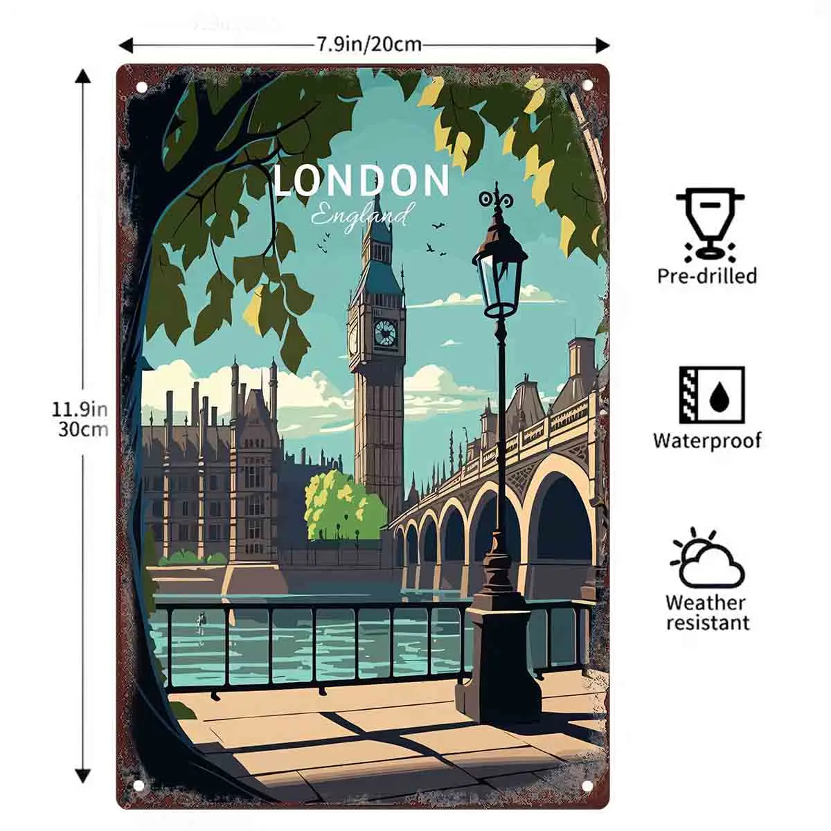 2D FLAT 1pc London England Big Ben River View Metal Wall Sign Decoration for Home Cafe Garage Bedroom Porch And Garden