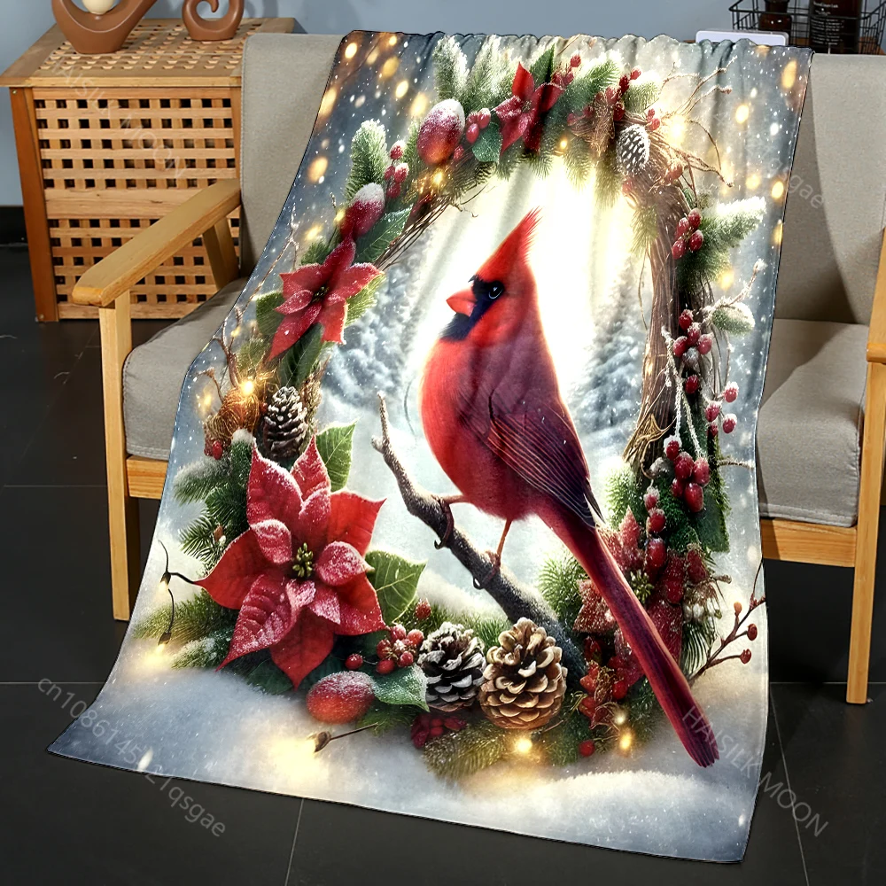 Festive Wreath with Red Cardinal Pattern Blanket Flannel Material Soft Warm for All Seasons, Home Outdoor Camping Picnics RV