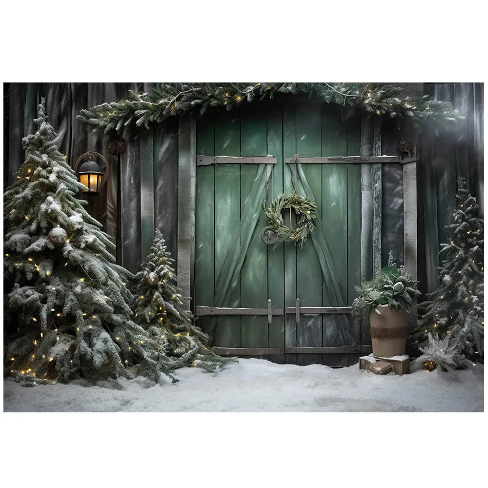 Mocsicka verde porta in legno inverno neve sfondo per la fotografia albero di pino ghirlanda di natale campo di neve bambini foto sfondo Studio