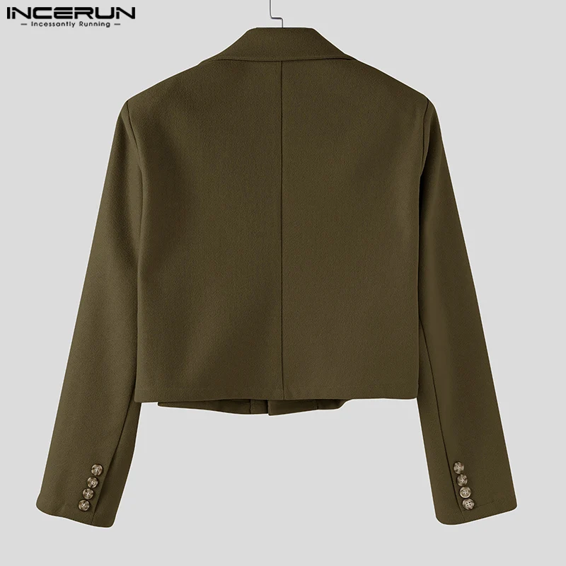 INCERUN 남성 블레이저 솔리드 컬러 라펠 긴 소매 크롭 코트 남성 스트리트웨어 원버튼 루즈 2025 패션 캐주얼 남성 정장 S-5XL