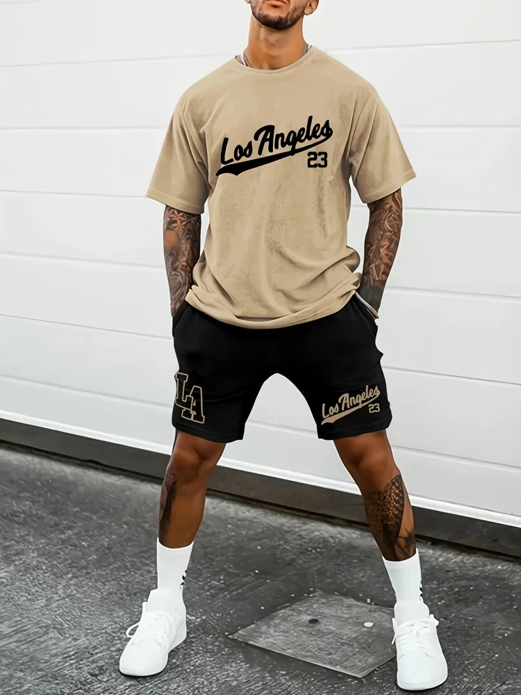 

Men's Round-neck Casual Summer Set, Two-piece Printed With Urban Fashion Letters, Top And Short-sleeved Shorts Set