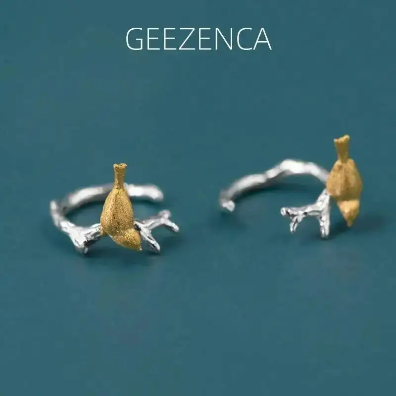 GEEZENCA 925 Sterling Silver Two Tone Tree Branch Bird Clip Earrings For Women Unique Chic No Piercing Earring New Party Gift