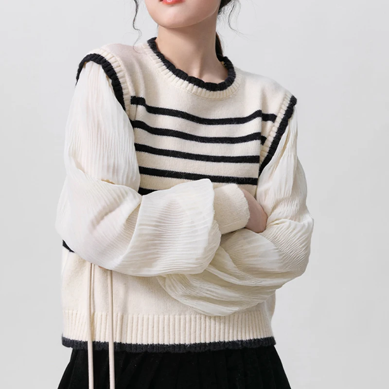 Y2k Striped Women Sweaters Knitted Loose Patchwork Female Casual Pullovers Preppy Style Autumn Chic Puff Sleeve Ladies Tops