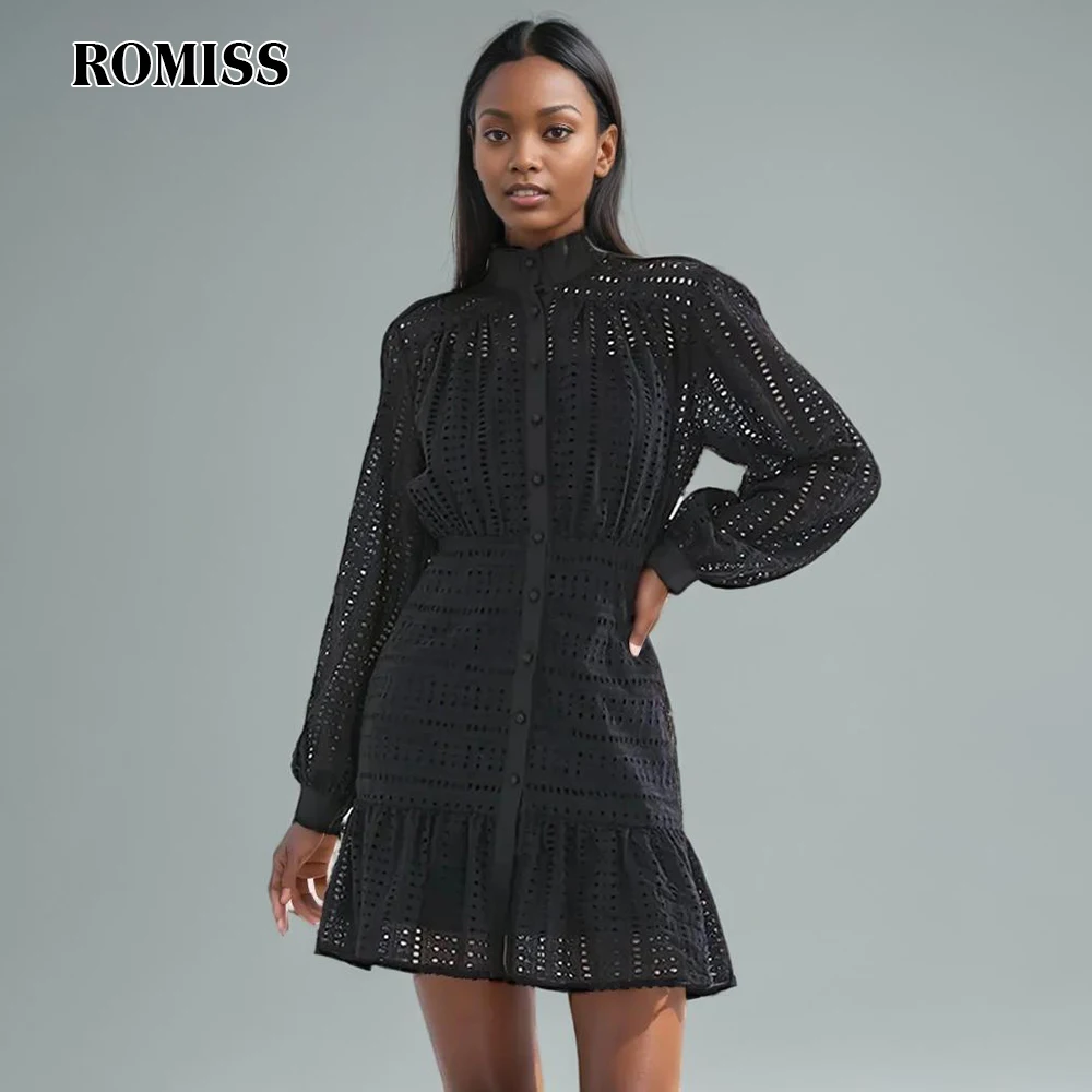 ROMISS Casual Cut Out Women's Dress Stand Collar Long Sleeve High Waist Single Breasted Dresses Female Fashion Clothes New