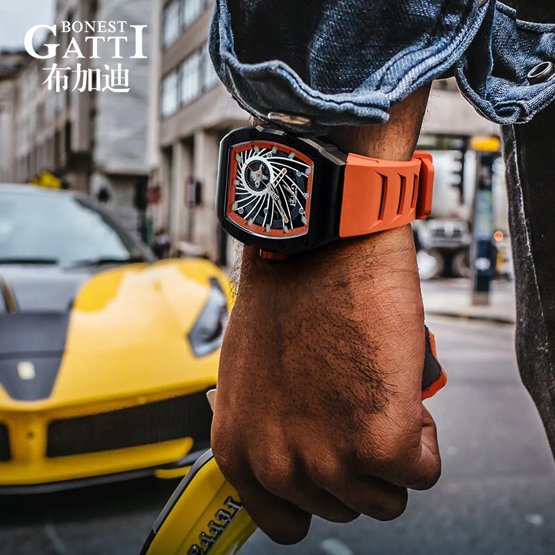 BONEST GATTI ساعة أوتوماتيكية للرجال 43 مللي متر * 51 مللي متر Tonneau ساعة اليد الميكانيكية مقاوم للماء الياقوت مضيئة الهيكل العظمي العاصفة الهاتفي