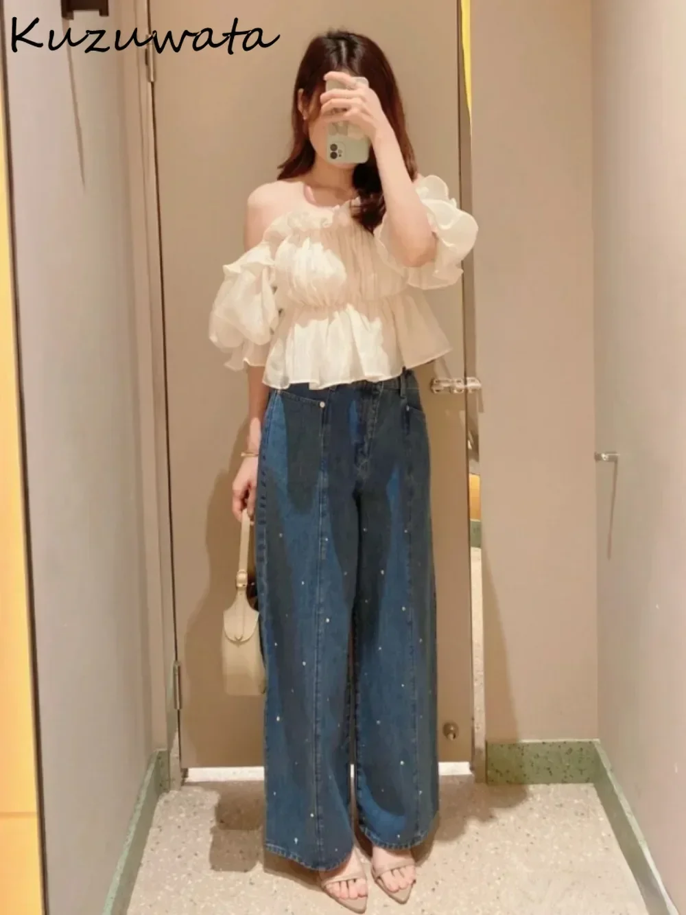 Kuzuwata Casual New All-match Beading Denim Pant Cotton High Waist Mid-length Wide Leg Pants Japan Moda Slant Patchwork Trousers