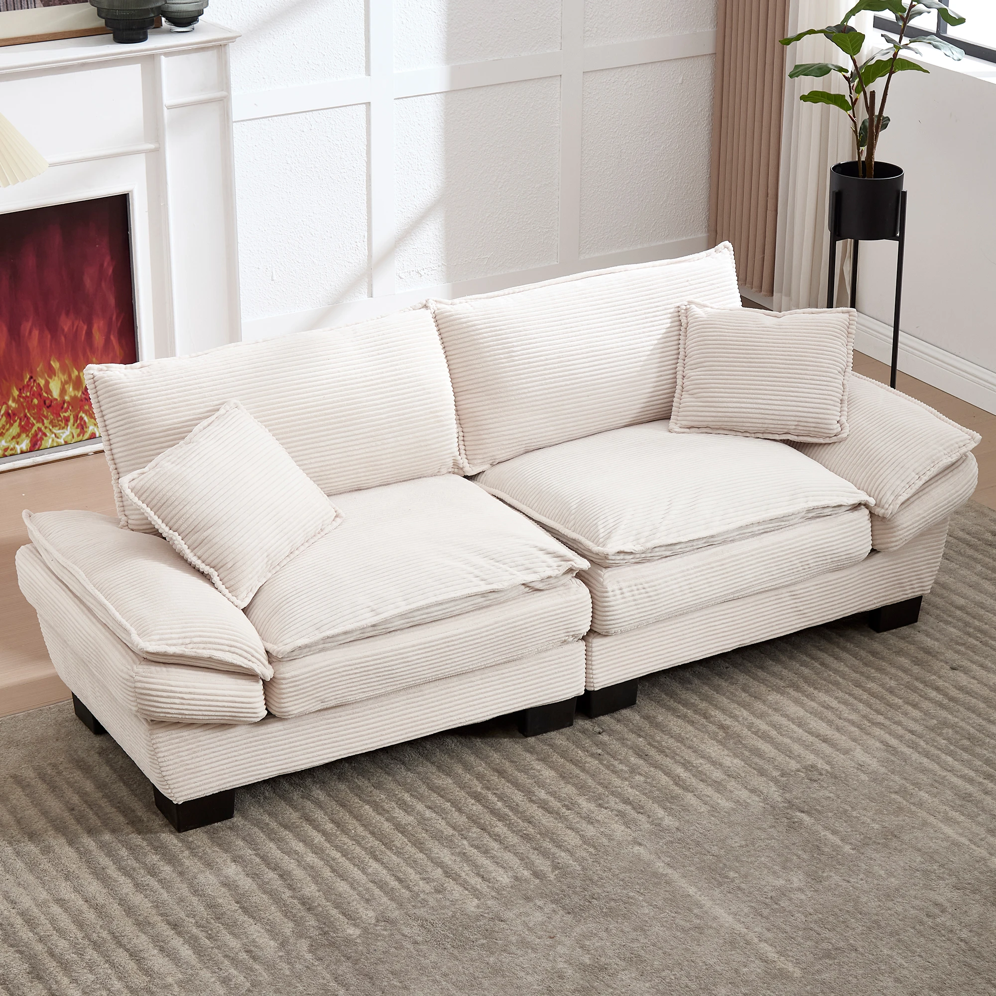 Sofá recto de 2 plazas - con asiento profundo y cojines incluidos - para salón, dormitorio u oficina - en terciopelo beige - 224 × 81 × 81 cm