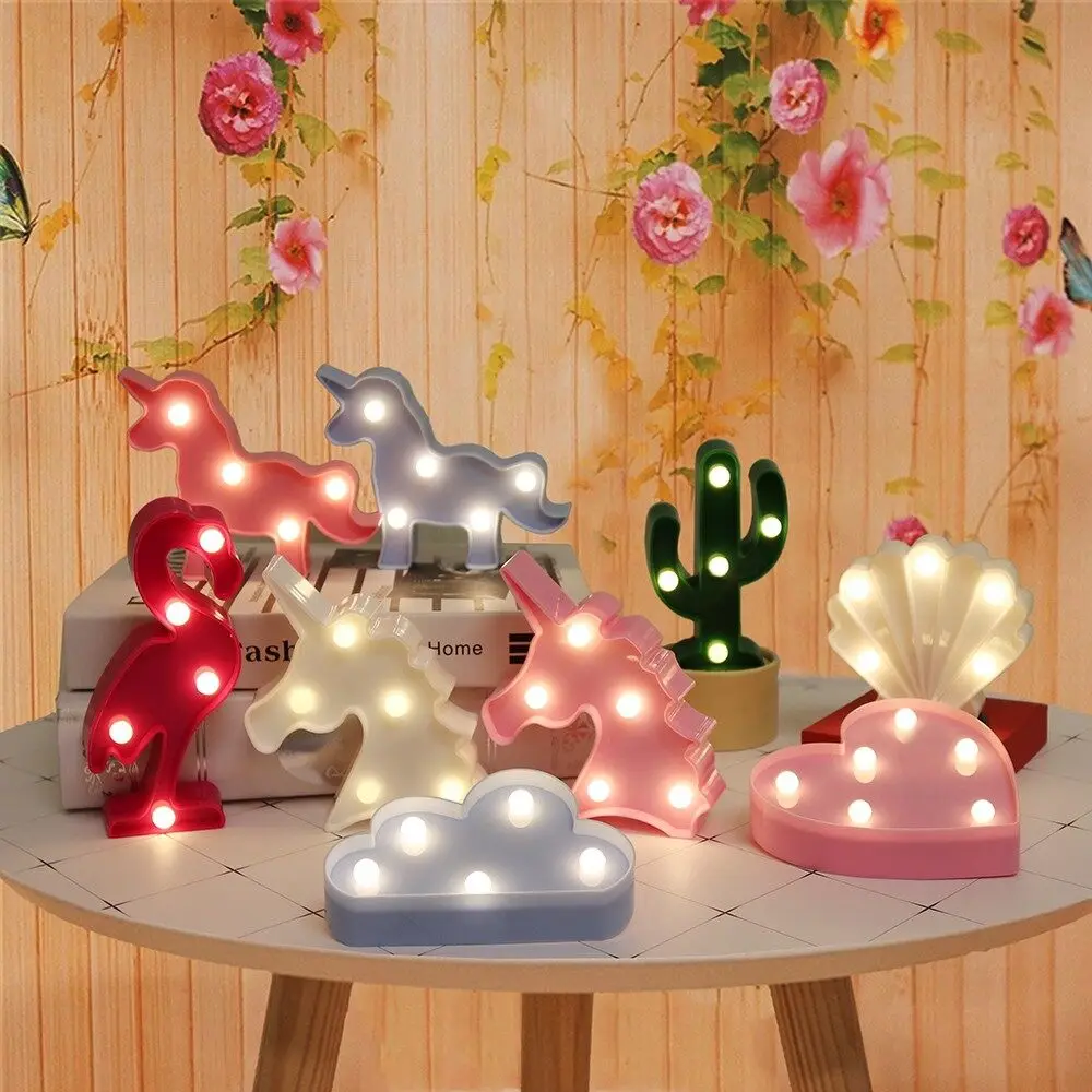 Luces de noche de dibujos animados, lámpara de mesa LED, unicornio, flamenco, Cactus, piña, nube, estrella, Concha, decoración de fiesta de dormitorio de niños