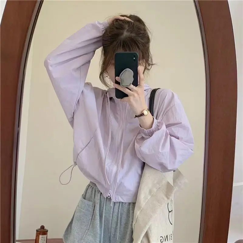 سترة عمال بنمط أمريكي حلو ورائع للنساء، ملابس جديدة خفيفة الوزن للحماية من الشمس في الهواء الطلق، سترة قصيرة بغطاء للرأس #3