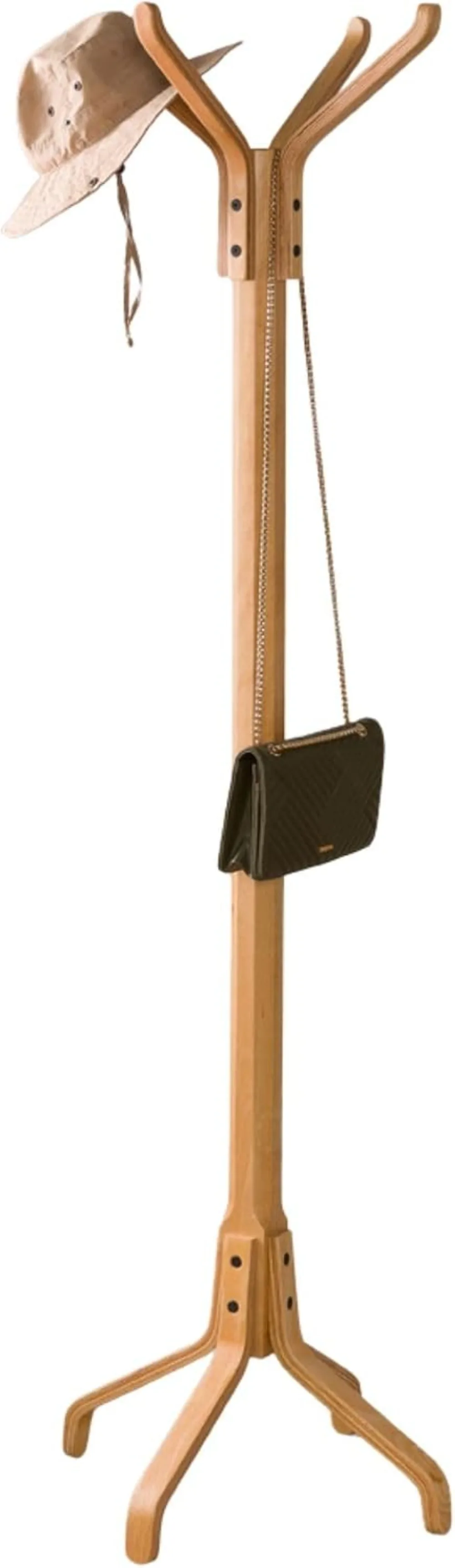 Solid Wood Coat Rack Freestanding Entryway, 4-Hook Hat & Scarf Stand, Mid Century Umbrella Tree, Natural