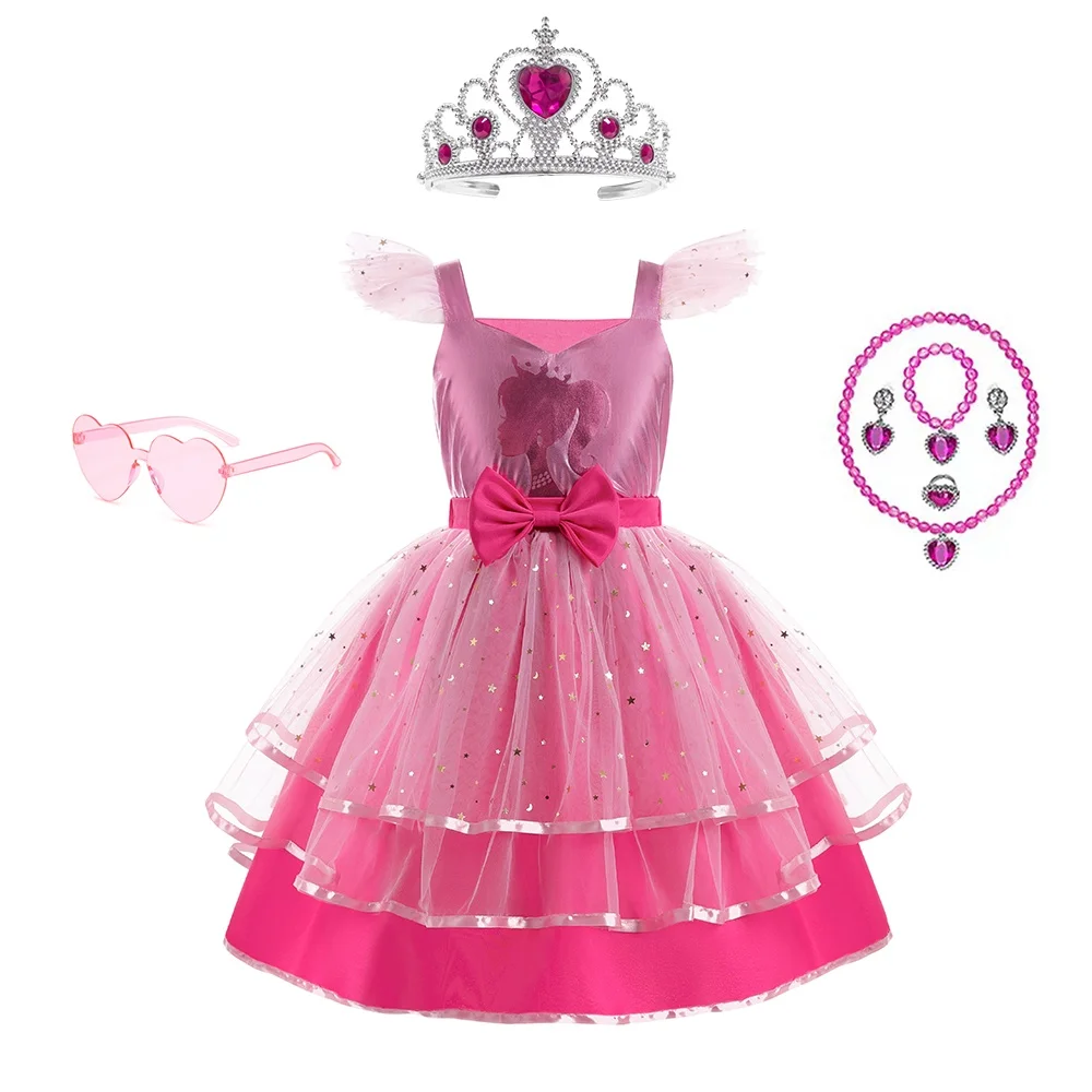 

Toddler Girls Princess Dress Barbi The Movie Birthday Carnival Costume Flying Sleeve Lace Cake Dress Fancy Performance Vestidos