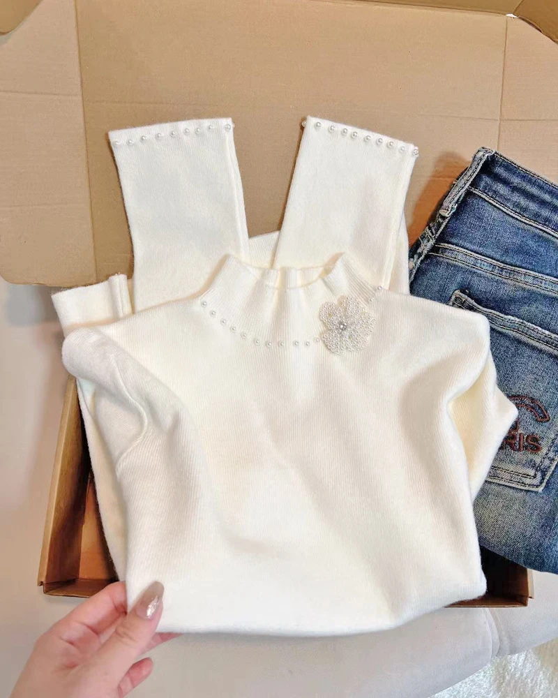 

Spring Autumn New Women's Beading 3D Floral Design Slimming Base Layer Sweater Top Korean Loose Knitted Pullovers C108