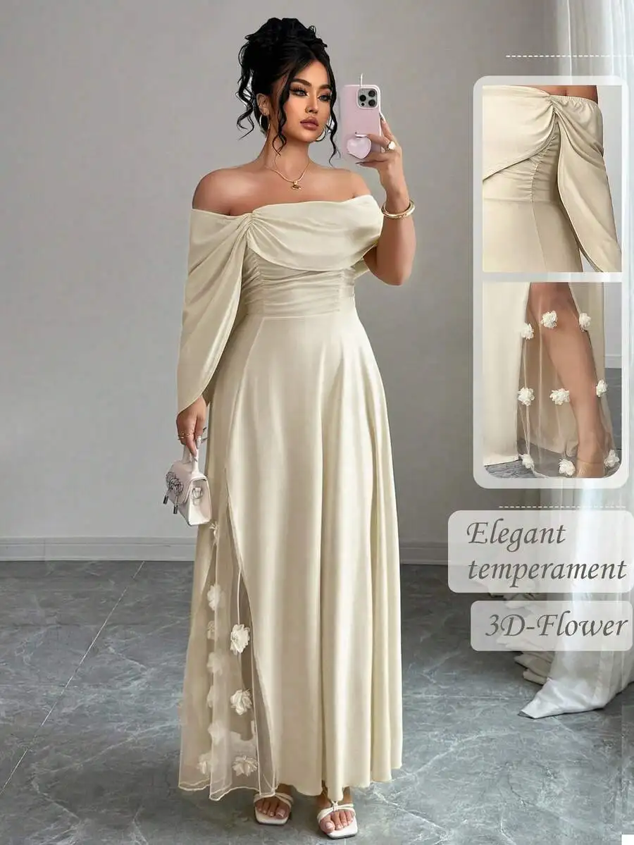 

Асимметричное макси-платье с открытыми плечами и 3D-цветочными сетчатыми вставками