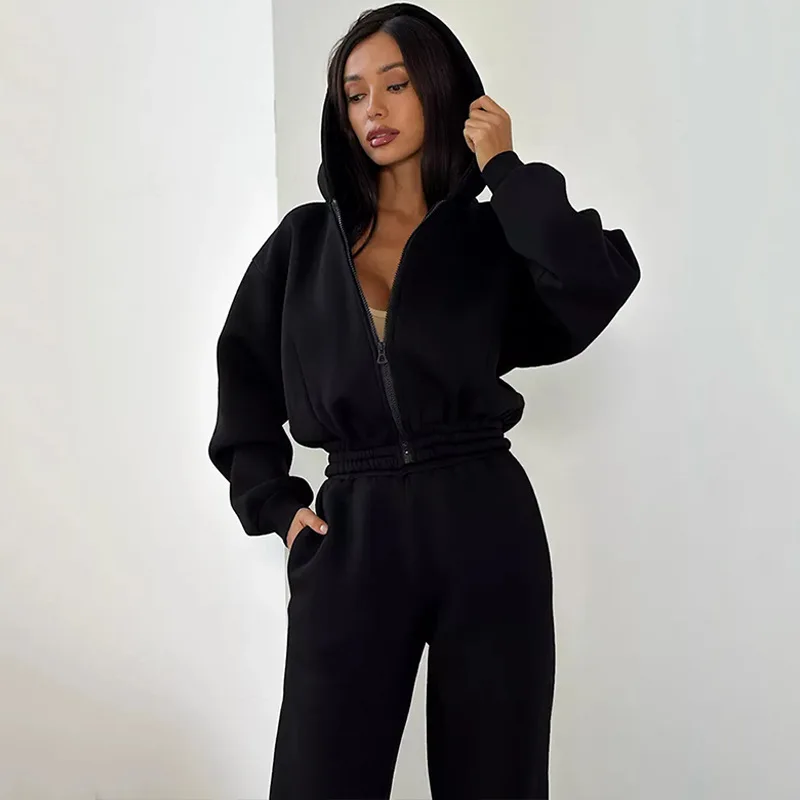 Solid Tracksuits Crop Top Hoodie with Zipper Long Pant Women\'s Two Pieces Set Hip Hop Pant Sets Sporty Women\'s Tracksuit