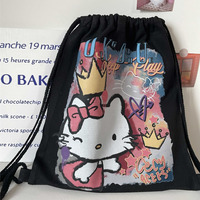 Sanrio Hello Kitty Retro Cute Graffiti Drawstring Backpack Fashion Niche Printed Backpack Large Capacity Casual Canvas Backpack