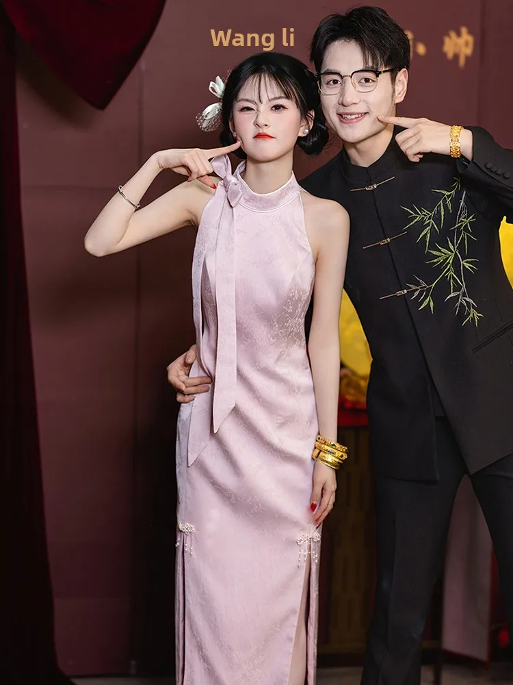 

New Chinese Sle Pink High-End Feeling 2025 New Wedding Dr for Engagement And Banquet Low Slit Long Qipao