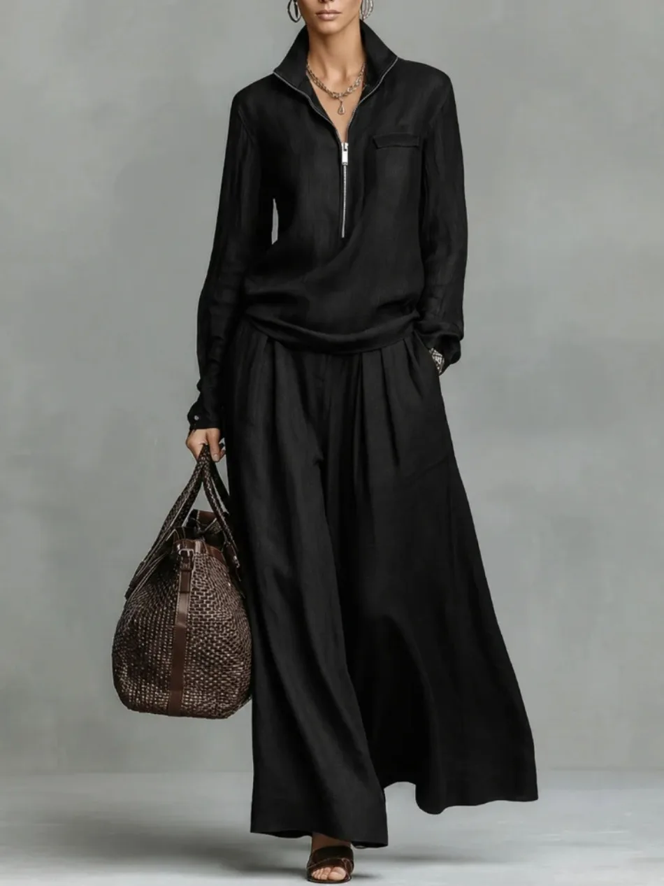 Elegantes, solides, lockeres zweiteiliges Set, modischer Pullover mit Revers und Reißverschluss & weit geschnittene Hose, Damen-Freizeitoutfit mit langen Ärmeln. – Detail 9