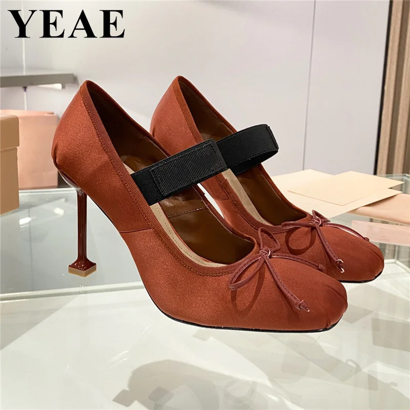 Luxury Brand Women Pumps Fashion Bow High Heels Square Toe Mary Jane Elastic Band Party Shoes Designer Woman\'s Dress Pumps 2023