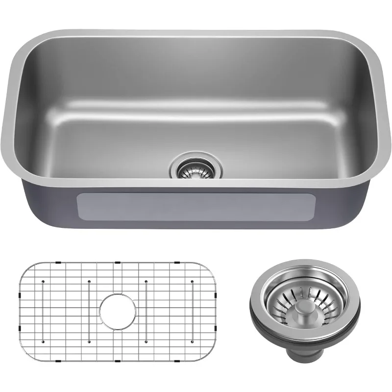 

ZZH Premier 32-inch Undermount Single Bowl 18-Gauge Stainless Steel Kitchen Sink with Bottom Grid and Strainer, KBU44