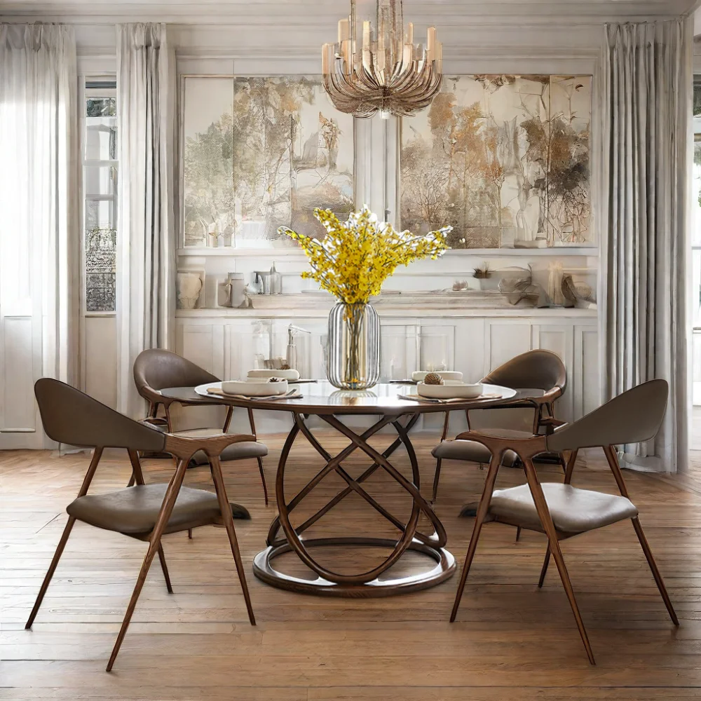 

Art Design Nordic Style Dining Room Furniture Wooden Center Tables Solid Wooden Base Round Dining Table Set 4 Chairs