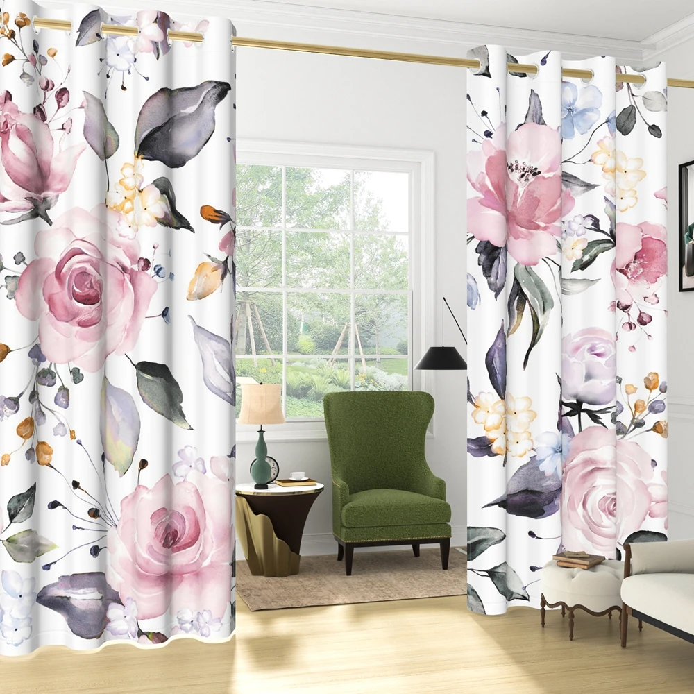 Watercolor Blackout Curtains 2 Panels, Modern Spring Pink Rose Floral Grommet Thermal Insulated Drapes for Living Room Bedroom