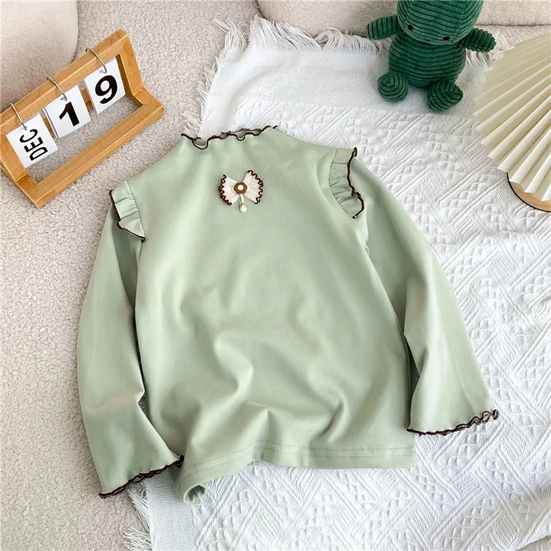 2025, Herbst-Langarm-T-Shirt für Mädchen, Bluse, dick, Winter, Kinder-Top, Unterwäsche, koreanisches Kinder-Basisshirt mit Spitze, Schleife, Grün