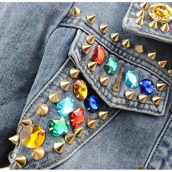 New Fashion Rive Denim Coat for Women Colorful Faux Gemstone Denim Jacket Hip Pop Streetwear Clothes Women Jackets