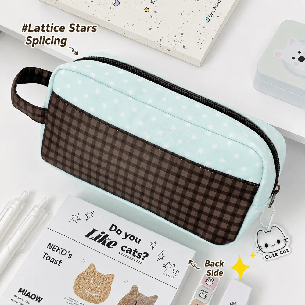 Portable Mint Chocolate Pencil Case Large Capacity Multi Compartment Pen Bag Cat Print Stationery Bag Students