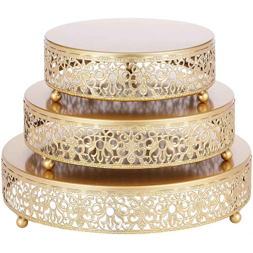 Round Lace Gold Metal Wedding Cake Stand, Dessert Display Stand Glossy Metallic Finish for  Cupcake Pastry  