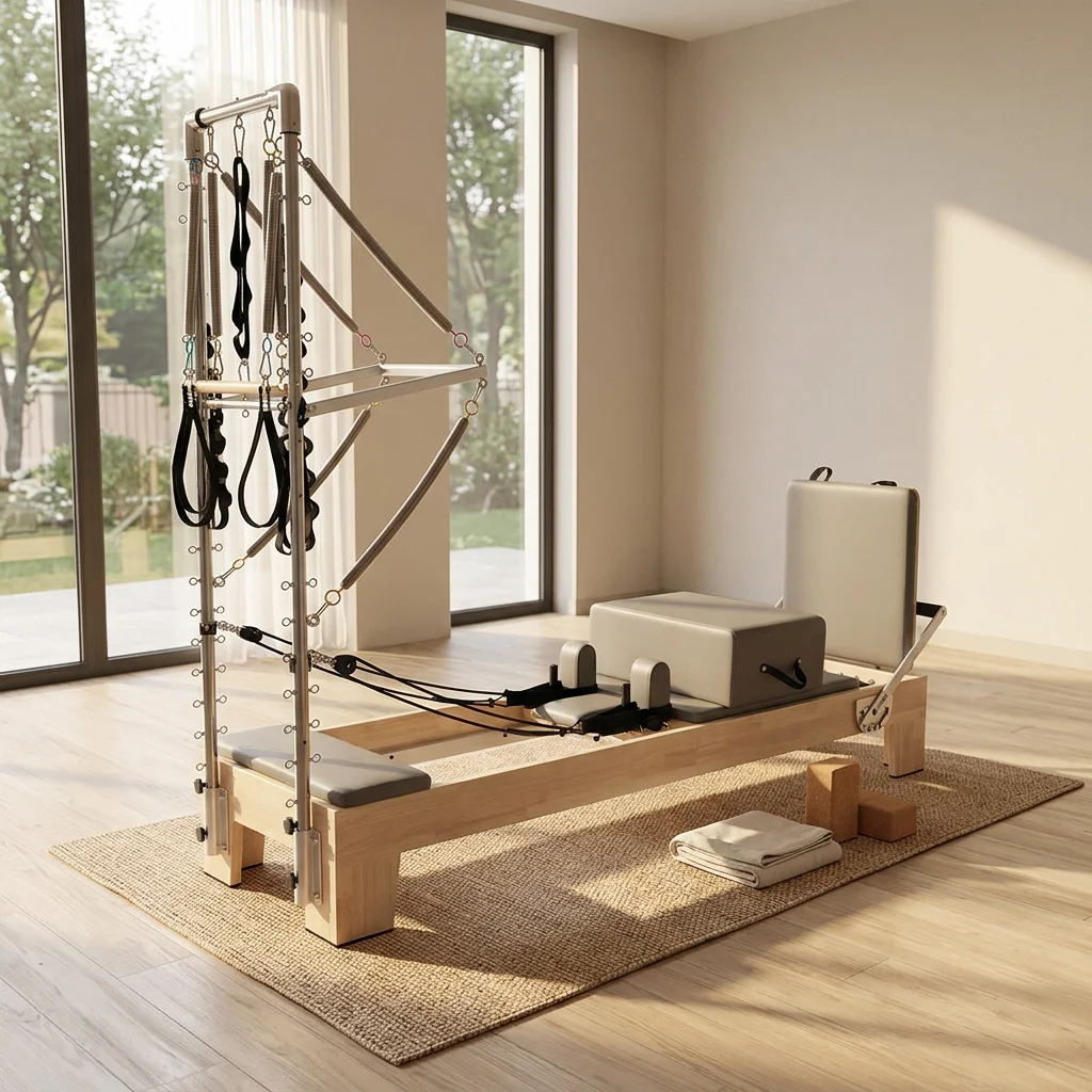 v*-Stable Soild Wood Oak Wooden Pilates Reformer for Core Strength Training With Tower Half Trapeze