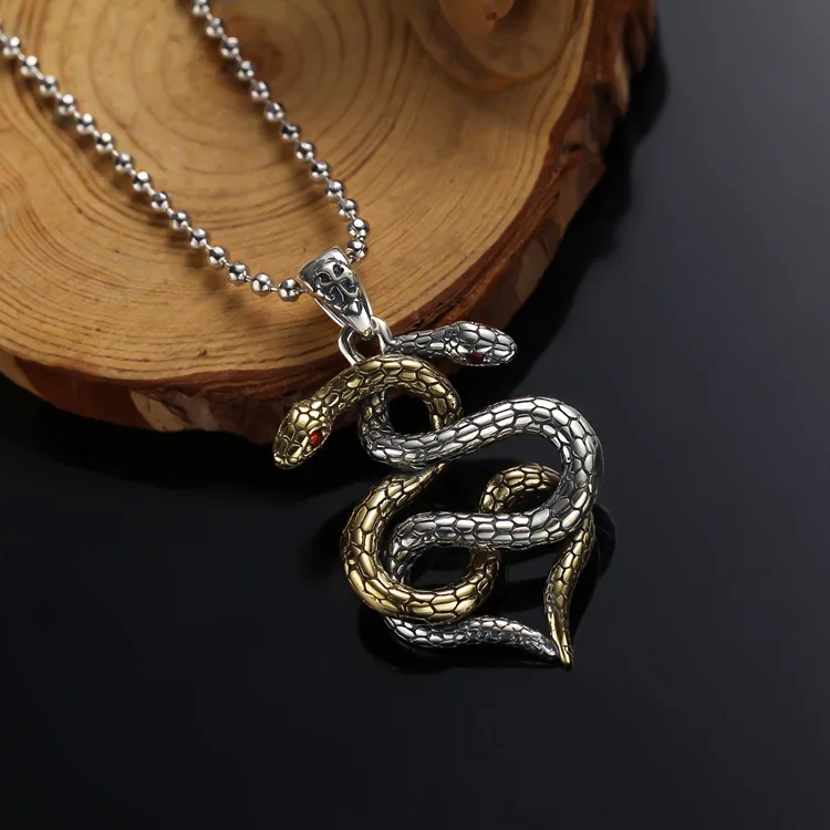 Punk style trendys925 sterling silver double snake pendant twelve zodiac signs for men and women stylishcouple necklace
