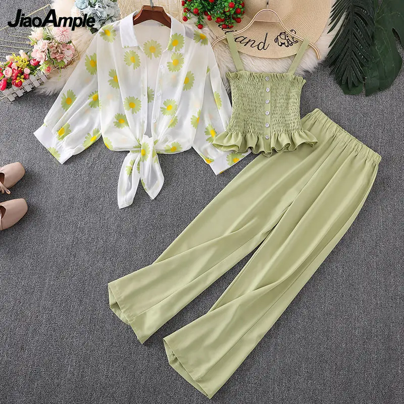 

Women's Summer Chic Daisy Print Chiffon Sun Shirt Sling Wide Leg Pants 3 Piece Set Korean Casual Lady Graceful Outfits 2023 New